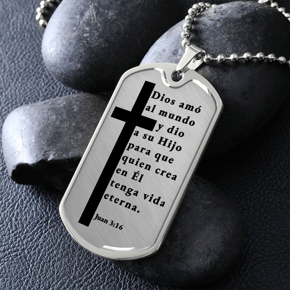 Juan 3:16 Spanish Necklace Stainless Steel or 18k Gold Dog Tag W 24"-Express Your Love Gifts