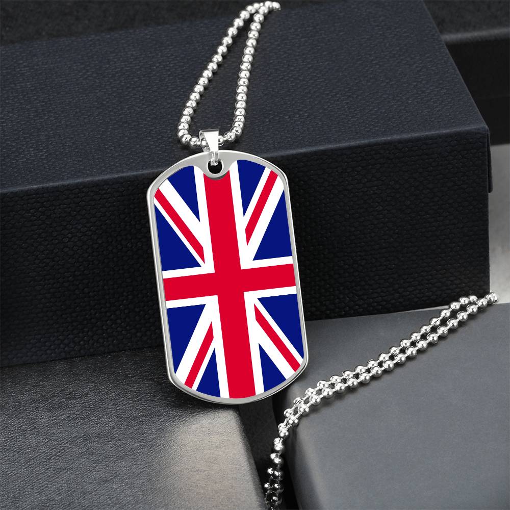 UK Flag Necklace Dog Tag Stainless Steel or 18k Gold 24" Chain-Express Your Love Gifts