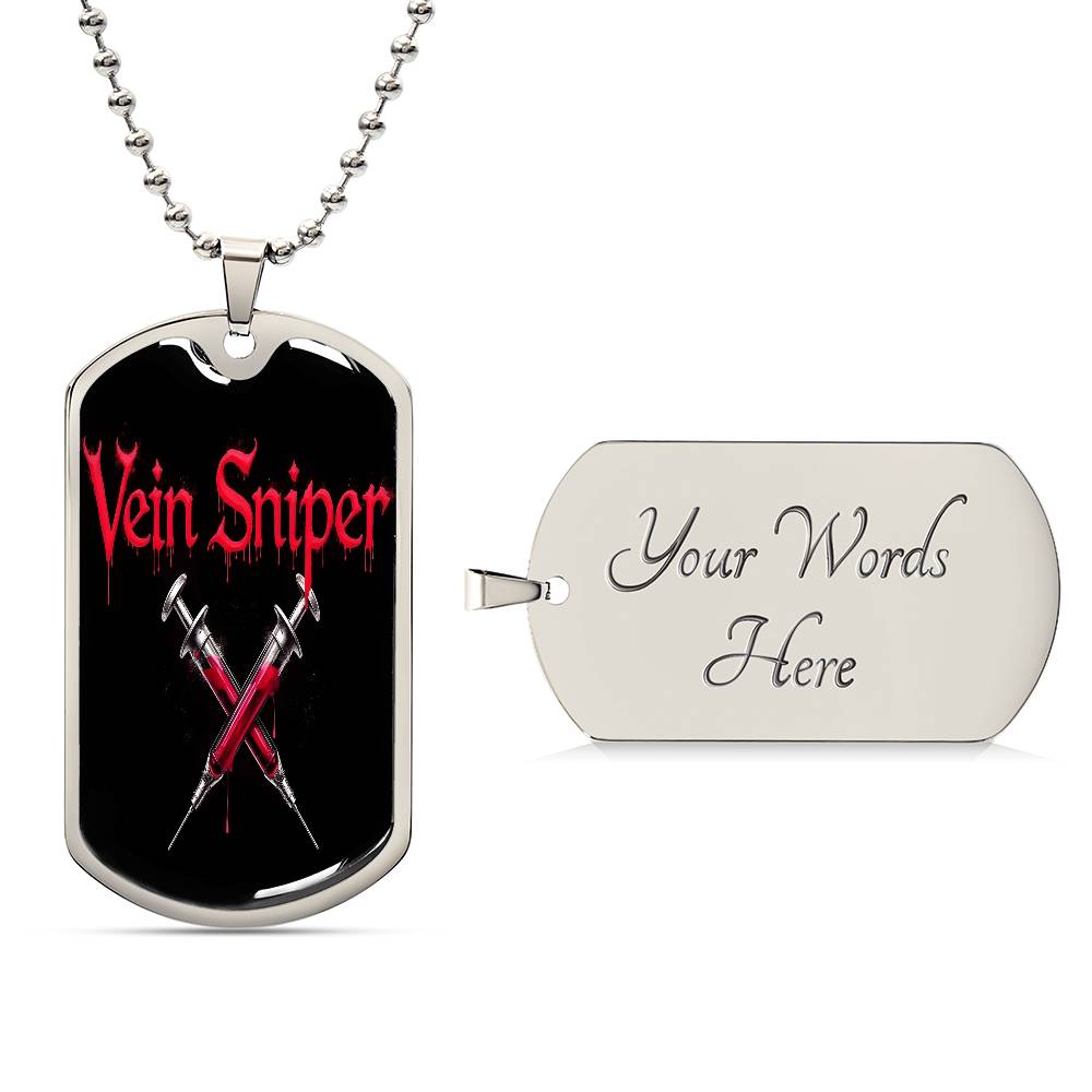 Vein Sniper Phlebotomist Necklace Stainless Steel or 18k Gold Dog Tag 24"-Express Your Love Gifts