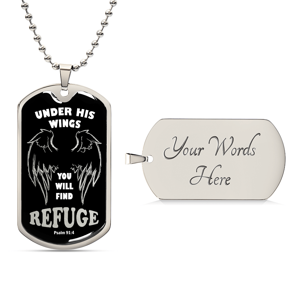 Psalm 91 Refuge Under His Wings Necklace Dog Tag Stainless Steel or 18k Gold w 24" Chain-Express Your Love Gifts