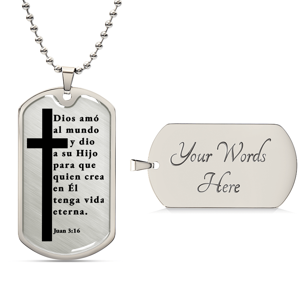 Juan 3:16 Spanish Necklace Stainless Steel or 18k Gold Dog Tag W 24"-Express Your Love Gifts