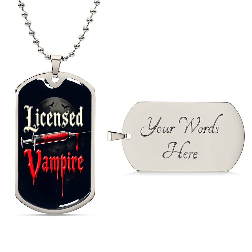 Licensed Vampire Phlebotomist Nurse Necklace Stainless Steel or 18k Gold Dog Tag 24"-Express Your Love Gifts