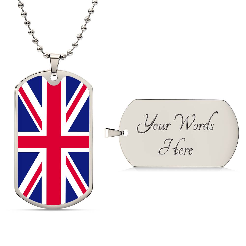 UK Flag Necklace Dog Tag Stainless Steel or 18k Gold 24" Chain-Express Your Love Gifts