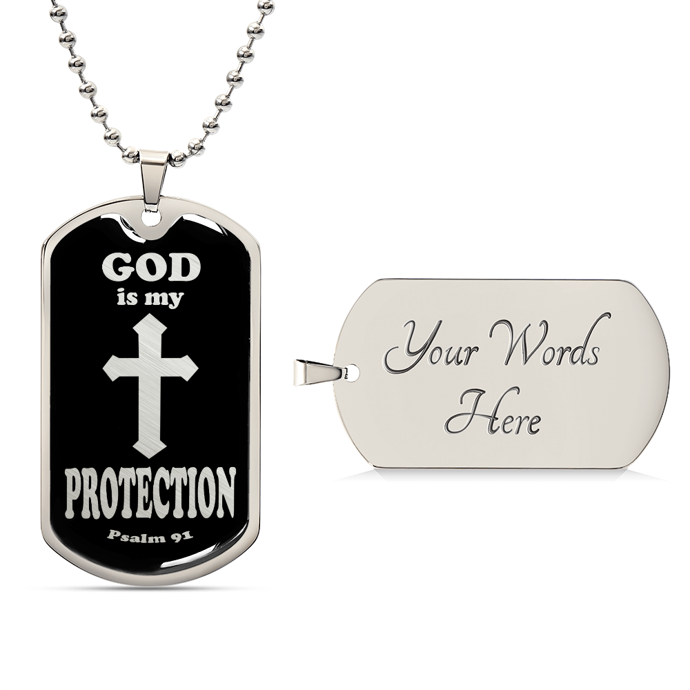God is My Protection Psalm 91 Necklace Dog Tag Stainless Steel or 18k Gold w 24" Chain-Express Your Love Gifts