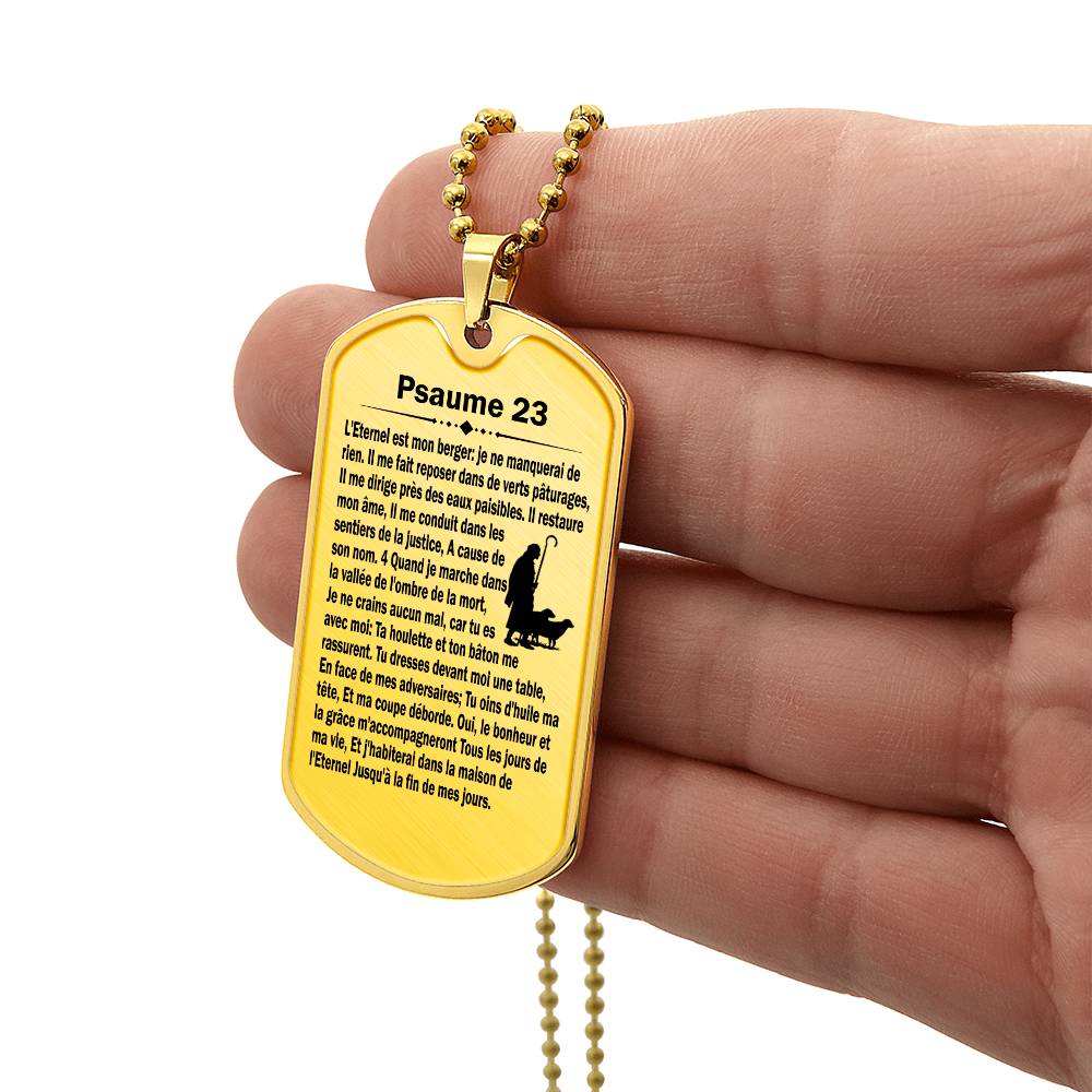 Psalm 23 French Psaume 23 Necklace Dog Tag Stainless Steel or 18k Gold w 24" Chain-Express Your Love Gifts