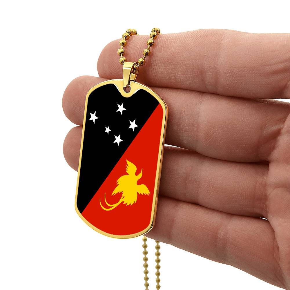 Papua New Guinea Flag Dog Tag Necklace Stainless Steel or 18k Gold Dog Tag 24"-Express Your Love Gifts