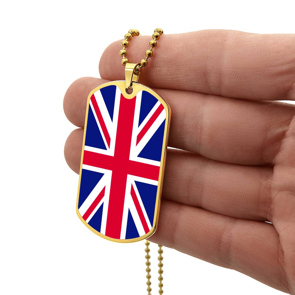 UK Flag Necklace Dog Tag Stainless Steel or 18k Gold 24" Chain-Express Your Love Gifts
