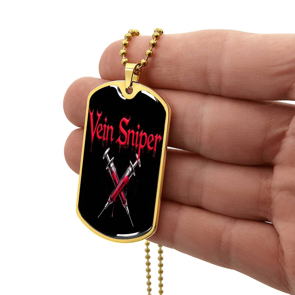 Vein Sniper Phlebotomist Necklace Stainless Steel or 18k Gold Dog Tag 24"-Express Your Love Gifts