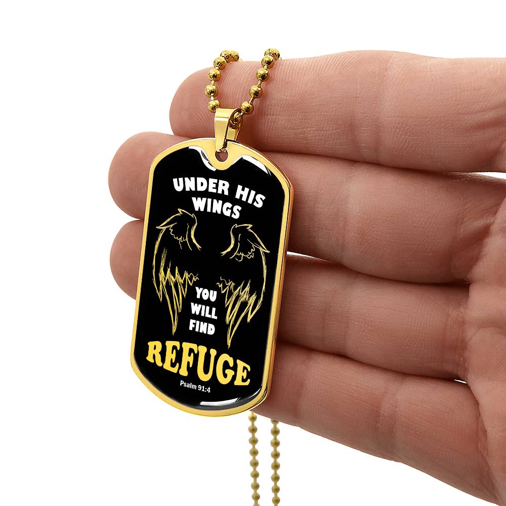 Psalm 91 Refuge Under His Wings Necklace Dog Tag Stainless Steel or 18k Gold w 24" Chain-Express Your Love Gifts