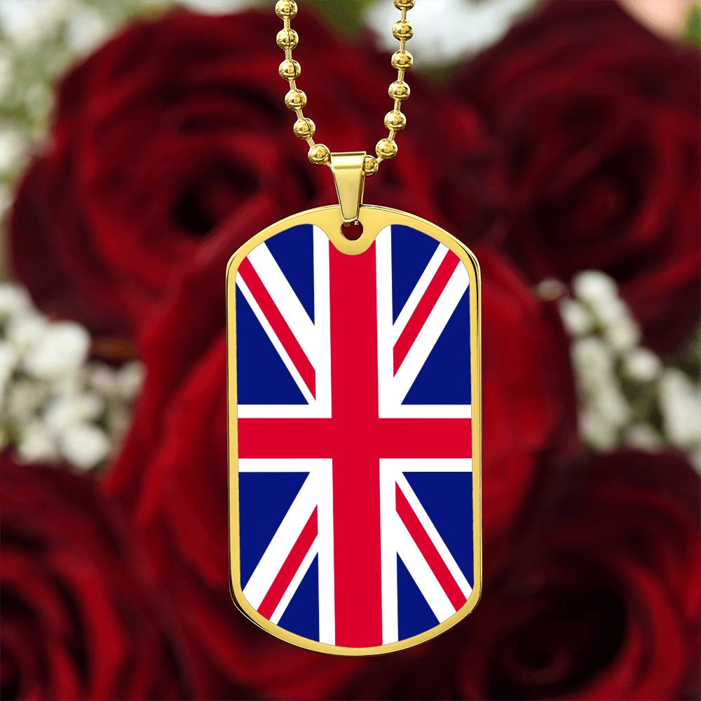 UK Flag Necklace Dog Tag Stainless Steel or 18k Gold 24" Chain-Express Your Love Gifts