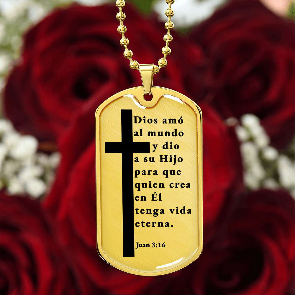 Juan 3:16 Spanish Necklace Stainless Steel or 18k Gold Dog Tag W 24"-Express Your Love Gifts