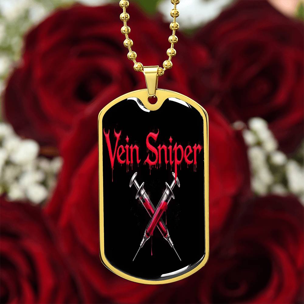 Vein Sniper Phlebotomist Necklace Stainless Steel or 18k Gold Dog Tag 24"-Express Your Love Gifts
