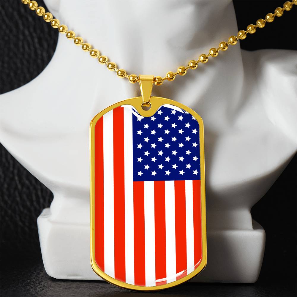 Country Pride Red, White and Blue Steel US Flag Stainless Steel Silver Tone or 18k Gold Military Dog Tag Necklace w 24" Ball Chain-Express Your Love Gifts