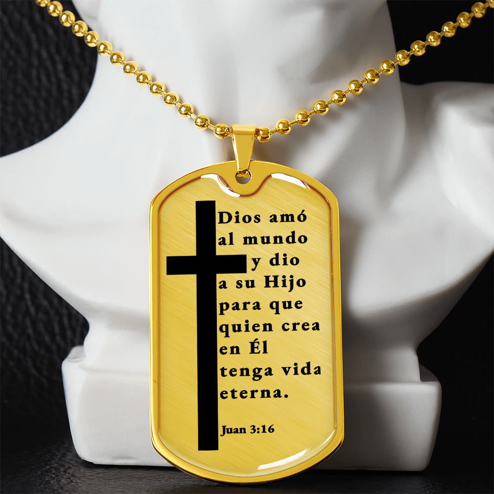 Juan 3:16 Spanish Necklace Stainless Steel or 18k Gold Dog Tag W 24"-Express Your Love Gifts