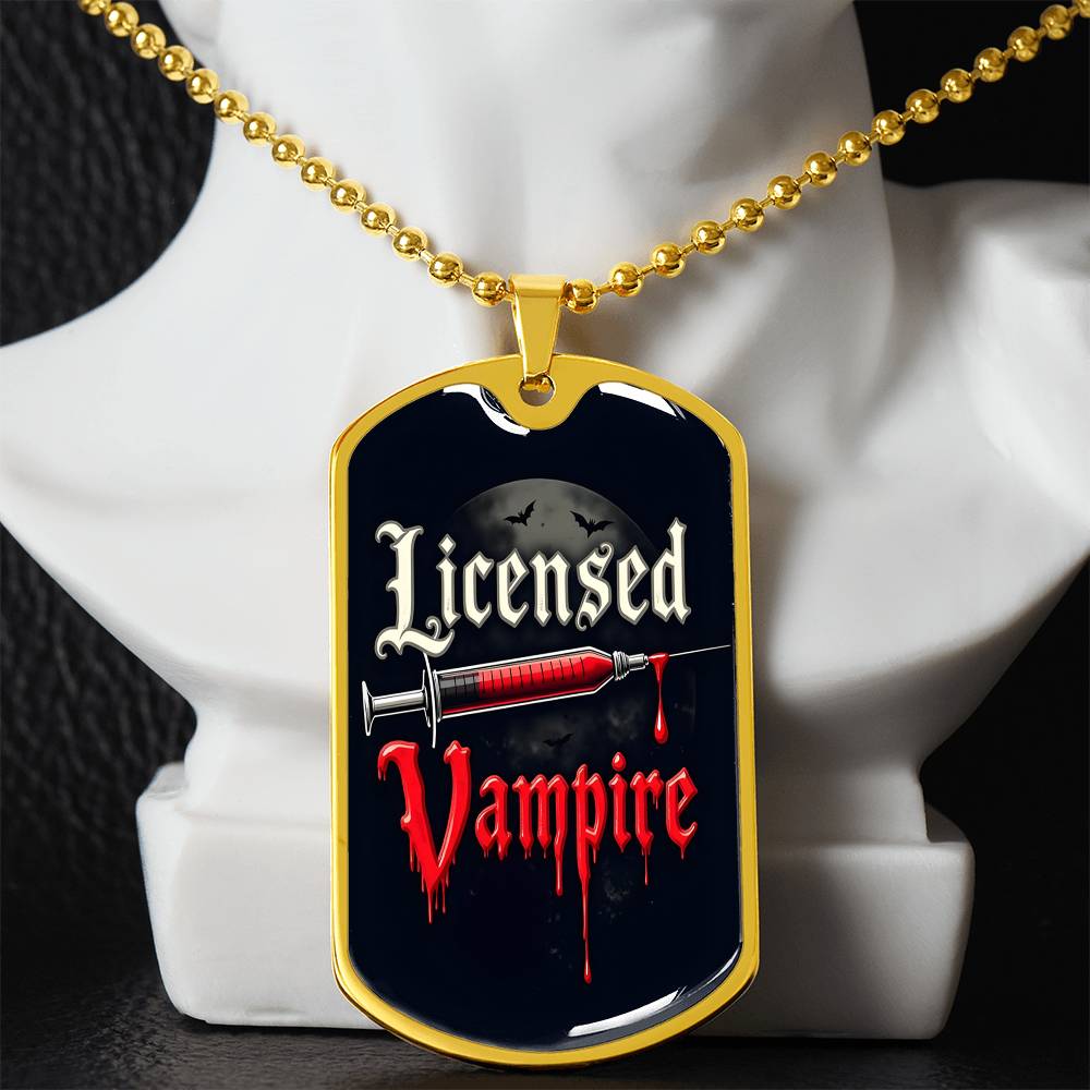 Licensed Vampire Phlebotomist Nurse Necklace Stainless Steel or 18k Gold Dog Tag 24"-Express Your Love Gifts