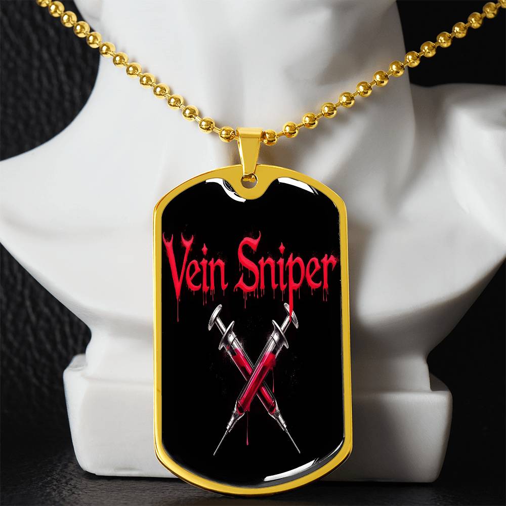Vein Sniper Phlebotomist Necklace Stainless Steel or 18k Gold Dog Tag 24"-Express Your Love Gifts