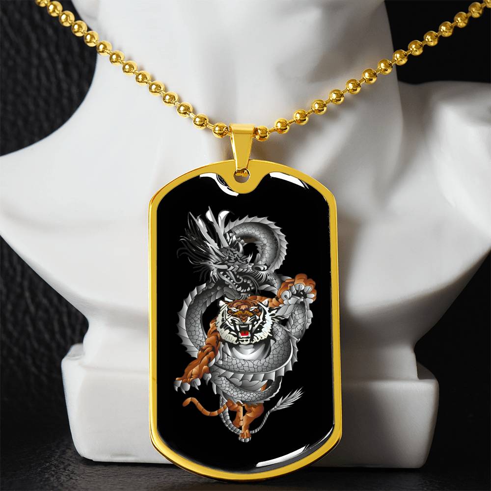 Tiger Dragon Yin Yang Necklace Dog Tag Stainless Steel or 18k Gold w 24" Chain-Express Your Love Gifts