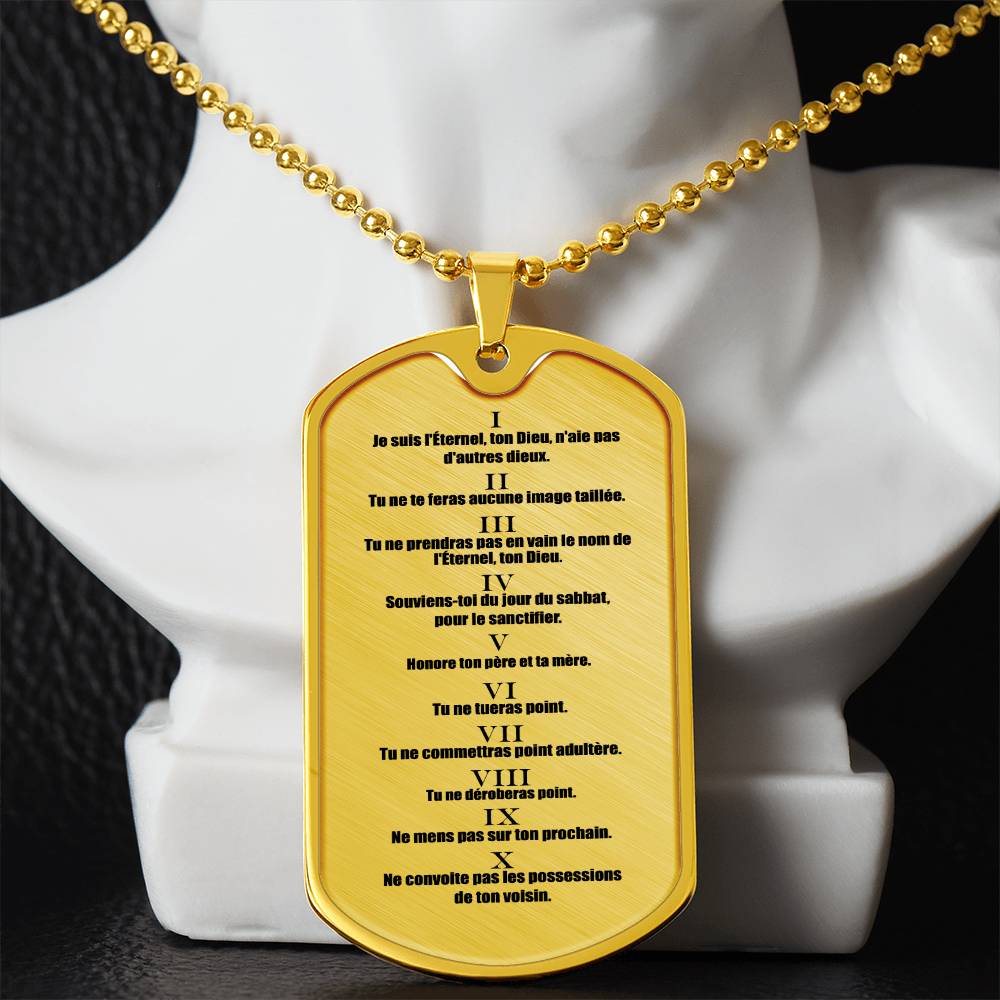 Ten Commandments French Dix Commandements Necklace Dog Tag Stainless Steel or 18k Gold w 24" Chain-Express Your Love Gifts