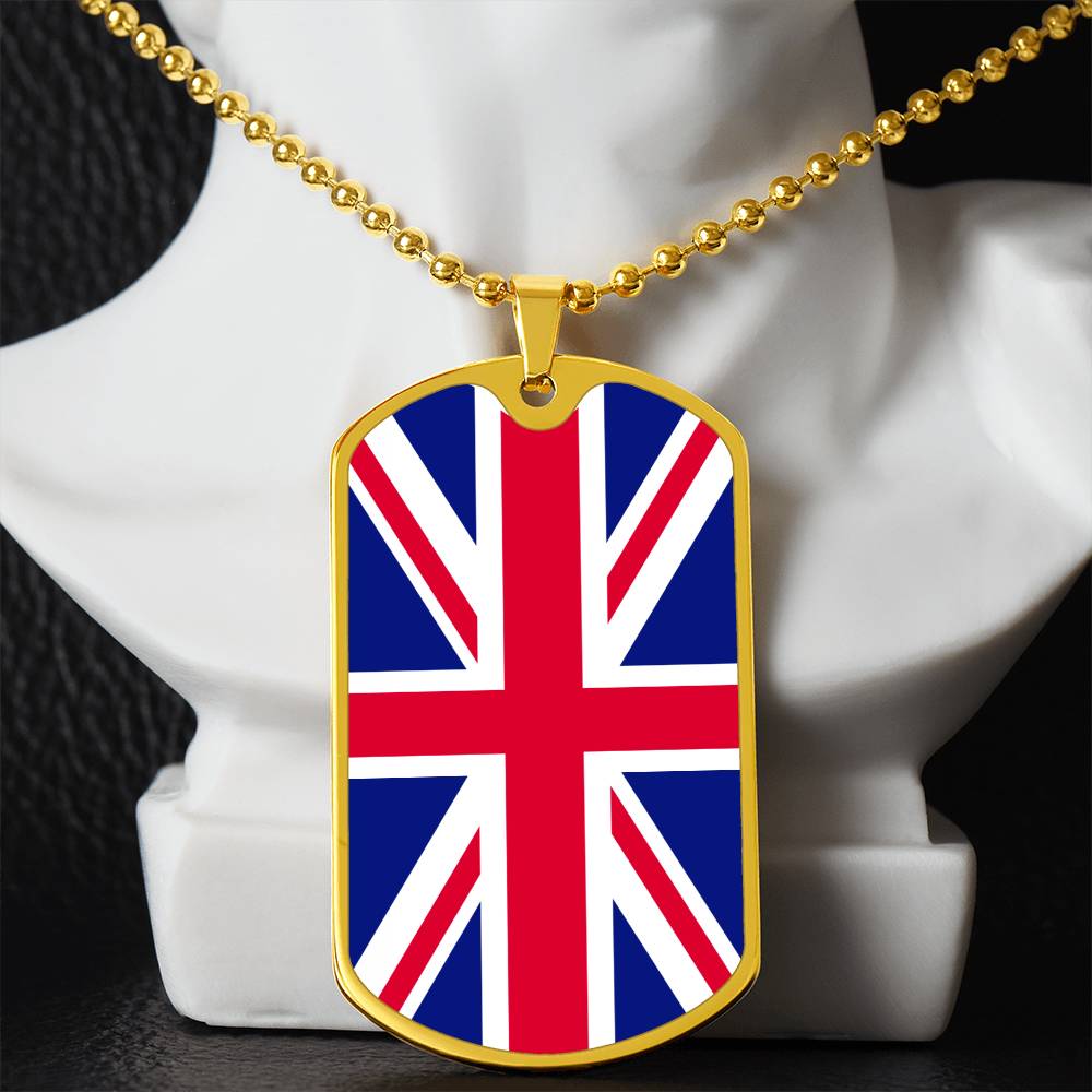 UK Flag Necklace Dog Tag Stainless Steel or 18k Gold 24" Chain-Express Your Love Gifts