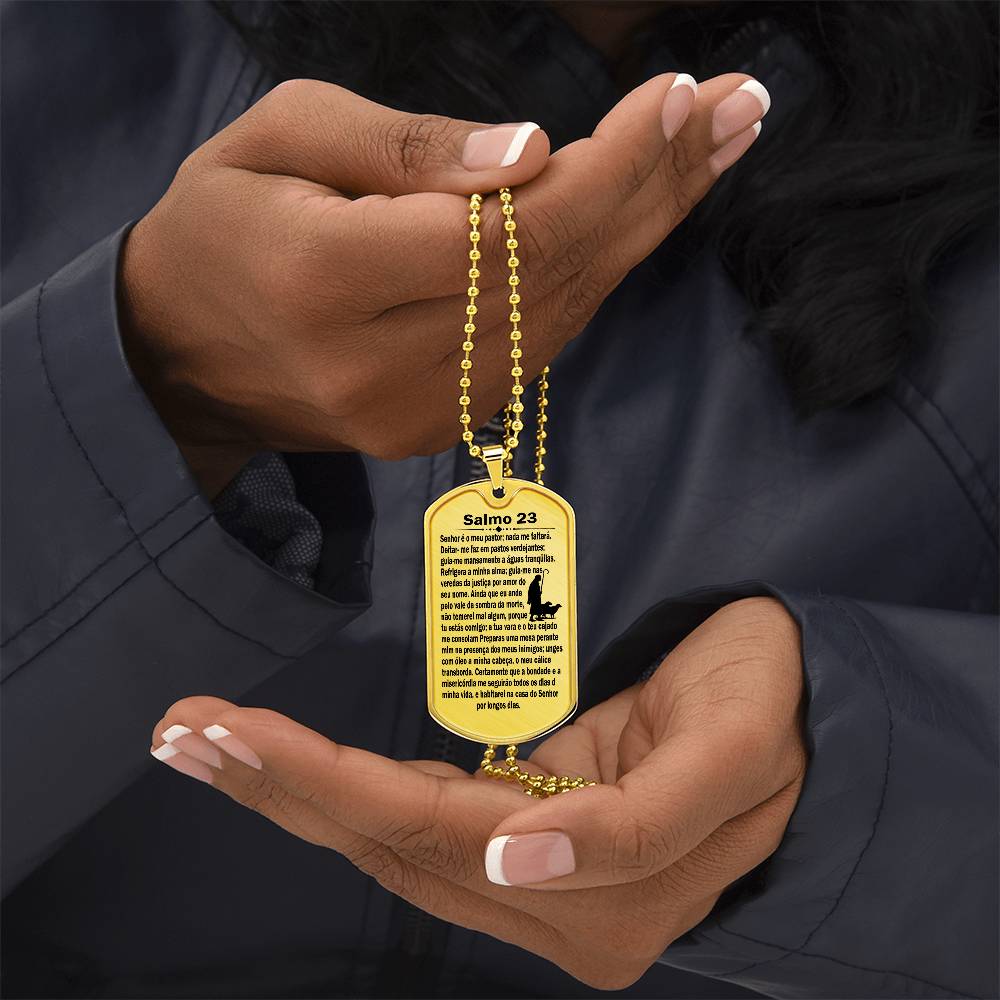 Psalm 23 Portuguese Salmo 23 Necklace Dog Tag Stainless Steel or 18k Gold w 24" Chain-Express Your Love Gifts