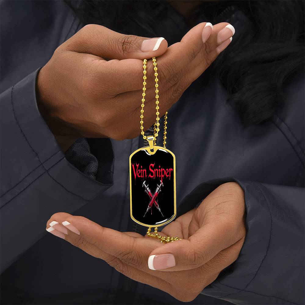Vein Sniper Phlebotomist Necklace Stainless Steel or 18k Gold Dog Tag 24"-Express Your Love Gifts
