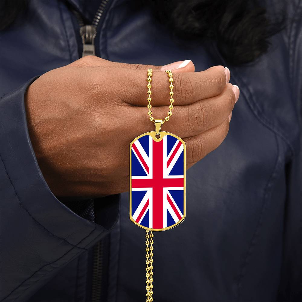 UK Flag Necklace Dog Tag Stainless Steel or 18k Gold 24" Chain-Express Your Love Gifts