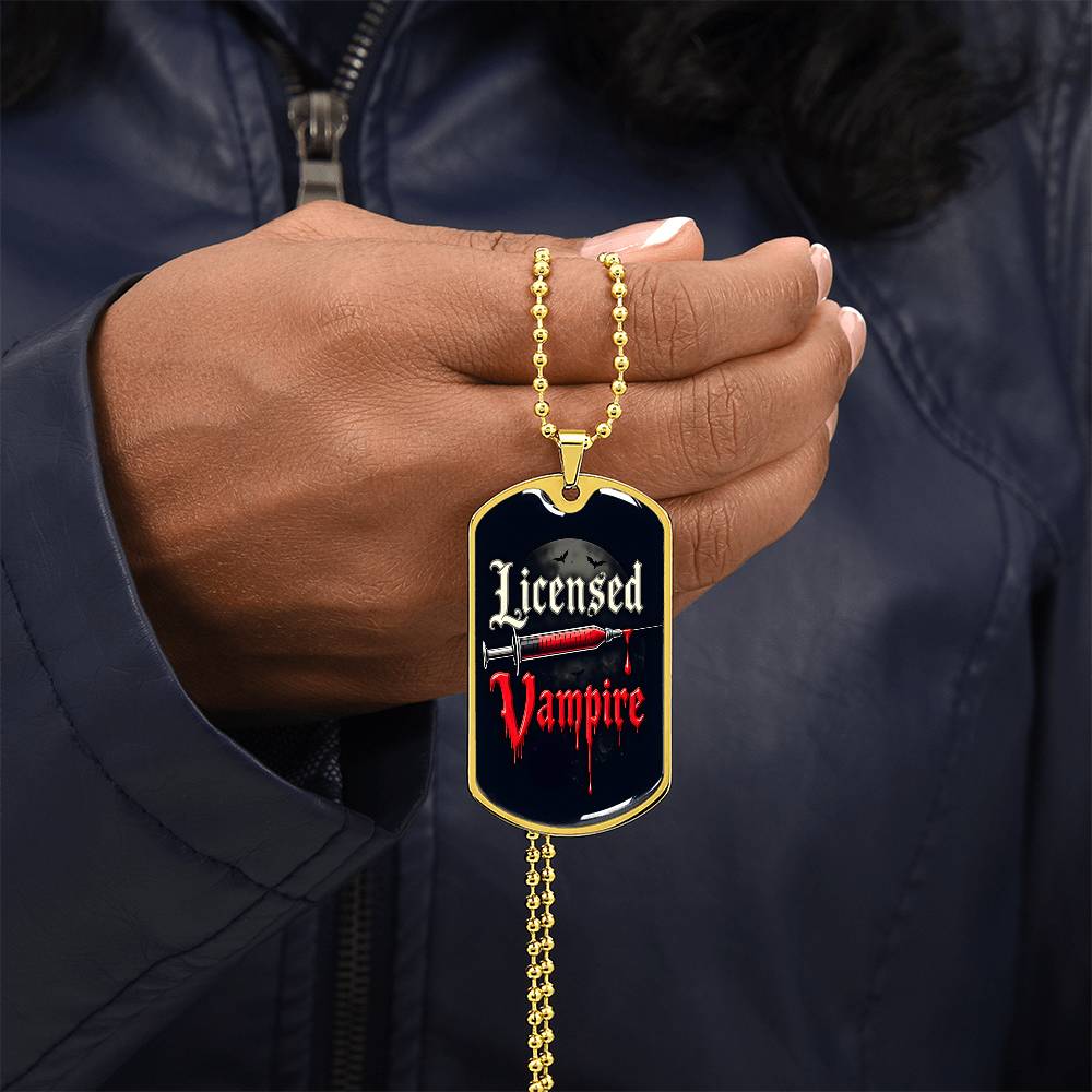 Licensed Vampire Phlebotomist Nurse Necklace Stainless Steel or 18k Gold Dog Tag 24"-Express Your Love Gifts