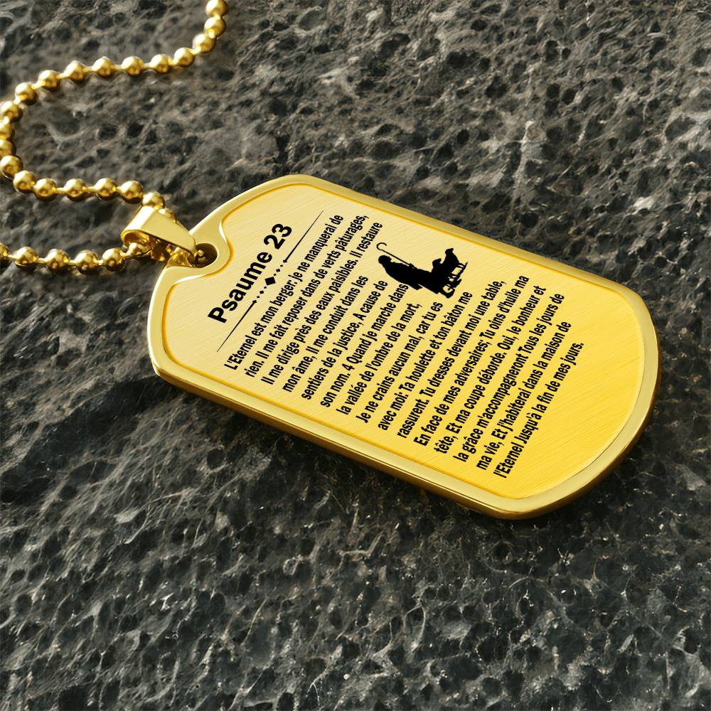 Psalm 23 French Psaume 23 Necklace Dog Tag Stainless Steel or 18k Gold w 24" Chain-Express Your Love Gifts