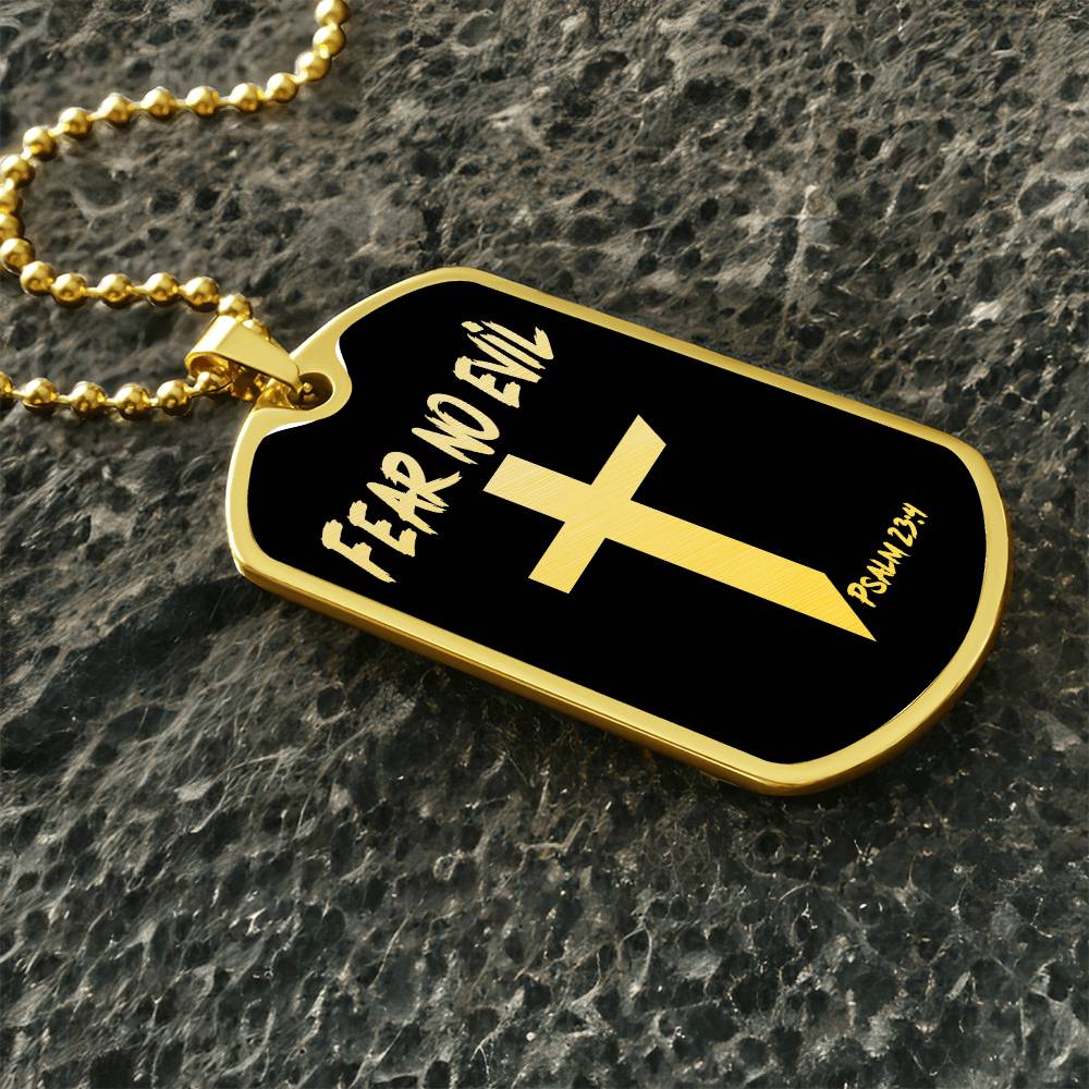 Fear No Evil Psalm 23.4 Necklace Dog Tag Stainless Steel or 18k Gold w 24" Chain-Express Your Love Gifts