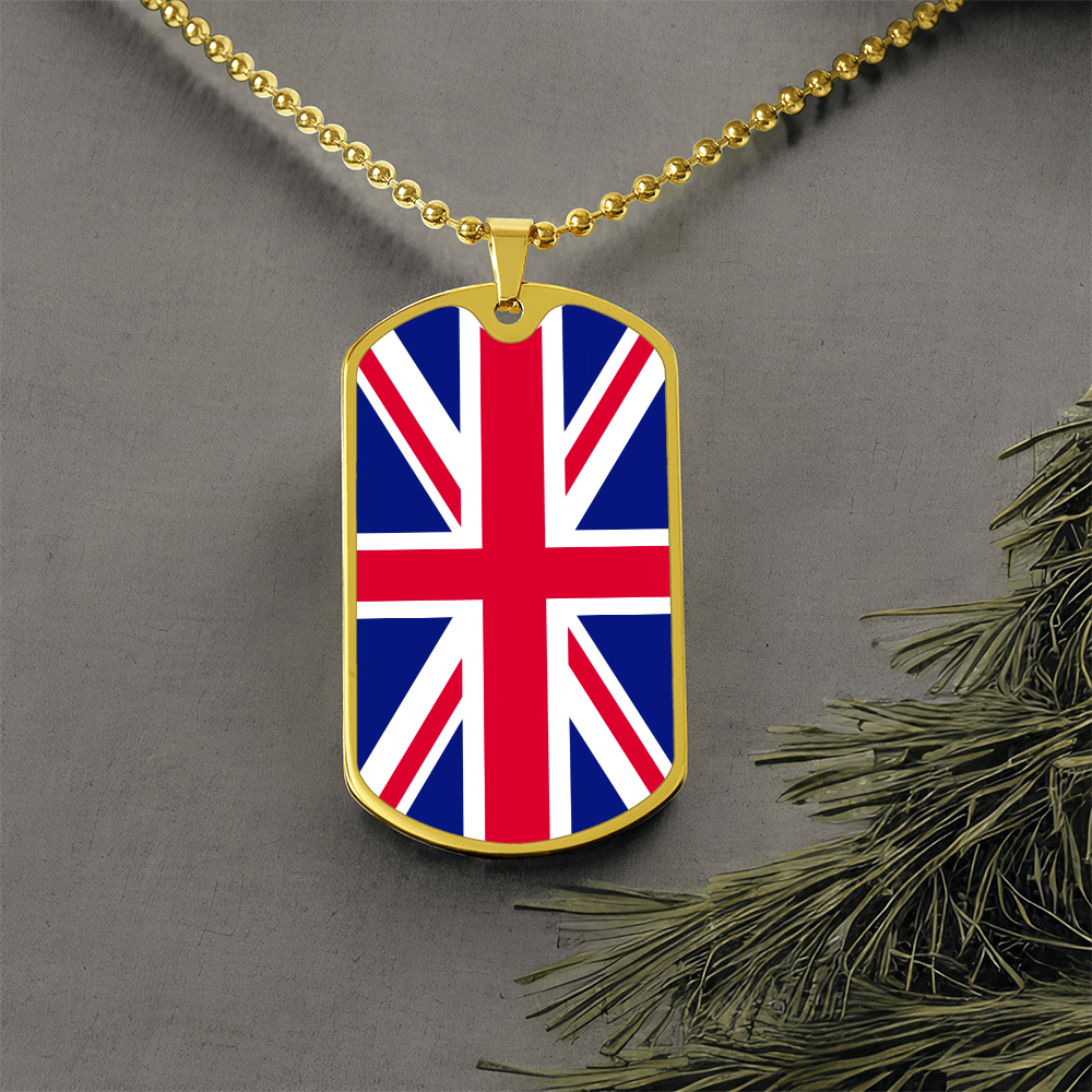 UK Flag Necklace Dog Tag Stainless Steel or 18k Gold 24" Chain-Express Your Love Gifts