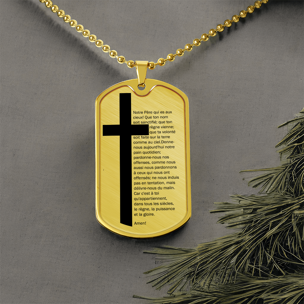 Lord's Prayer French Notre Père Necklace Dog Tag Stainless Steel or 18k Gold w 24" Chain-Express Your Love Gifts