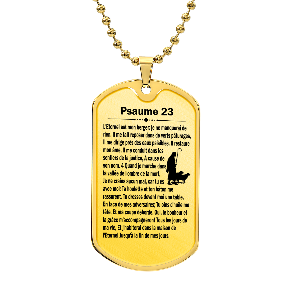 Psalm 23 French Psaume 23 Necklace Dog Tag Stainless Steel or 18k Gold w 24" Chain-Express Your Love Gifts