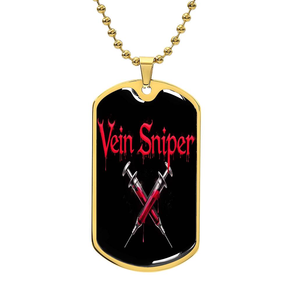 Vein Sniper Phlebotomist Necklace Stainless Steel or 18k Gold Dog Tag 24"-Express Your Love Gifts