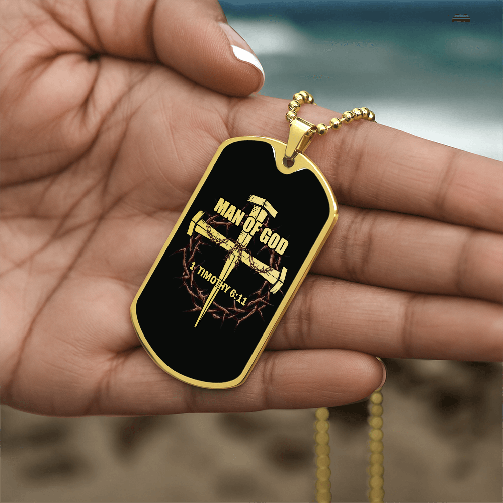 Man of God Cross Timothy Necklace Dog Tag Stainless Steel or 18k Gold w 24" Chain-Express Your Love Gifts