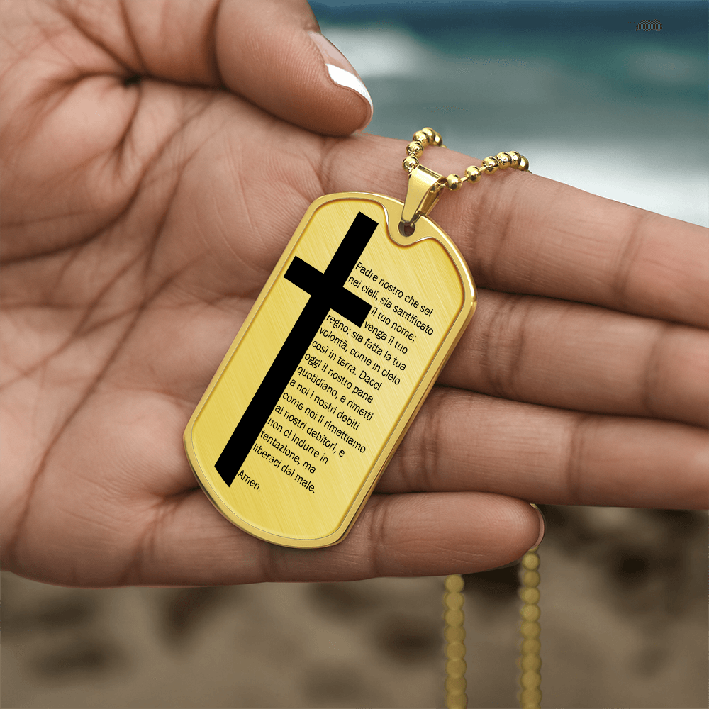 Lord's Prayer Italian Padre Nostro Necklace Dog Tag Stainless Steel or 18k Gold w 24" Chain-Express Your Love Gifts