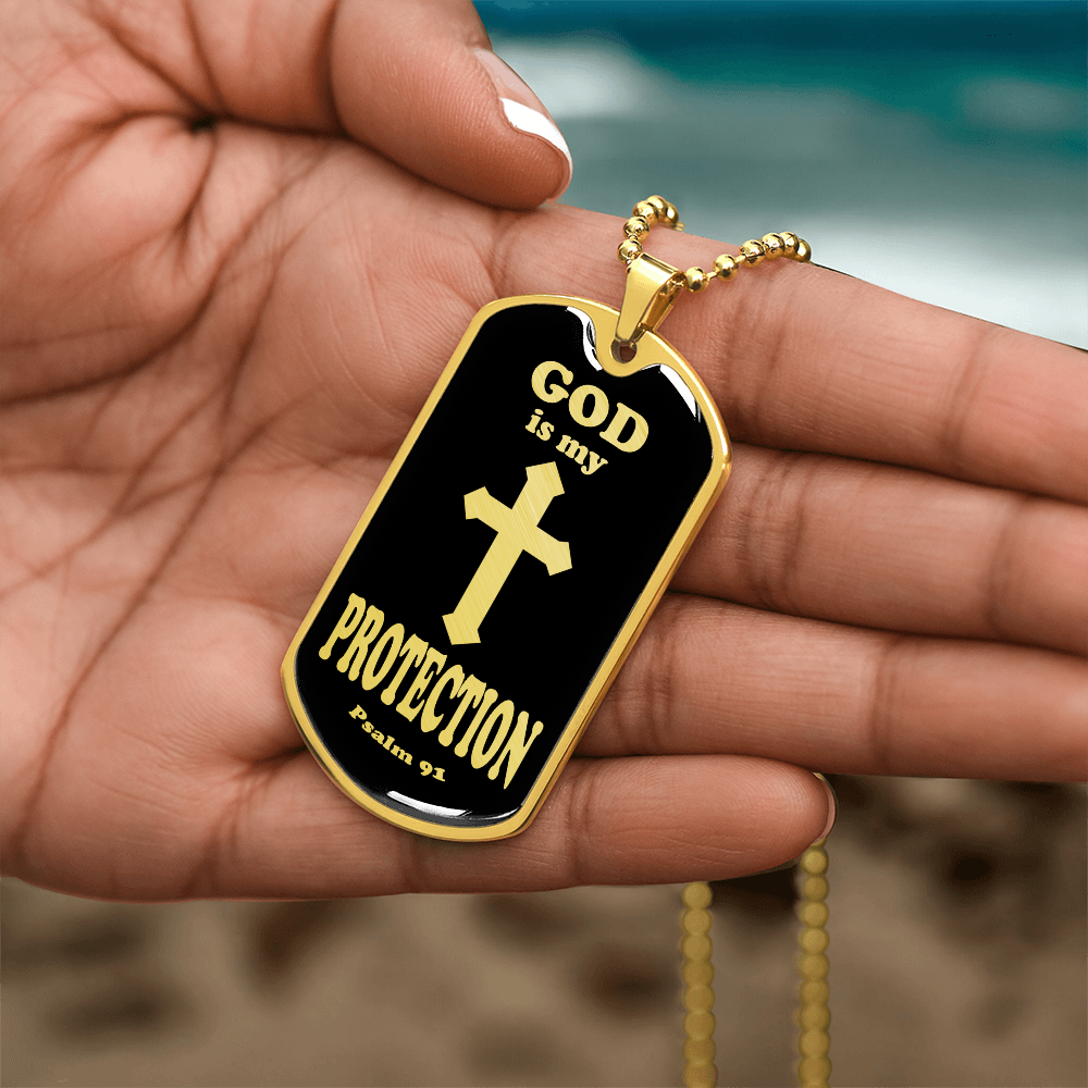 God is My Protection Psalm 91 Necklace Dog Tag Stainless Steel or 18k Gold w 24" Chain-Express Your Love Gifts