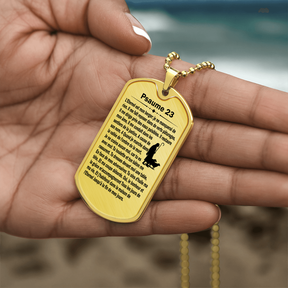 Psalm 23 French Psaume 23 Necklace Dog Tag Stainless Steel or 18k Gold w 24" Chain-Express Your Love Gifts