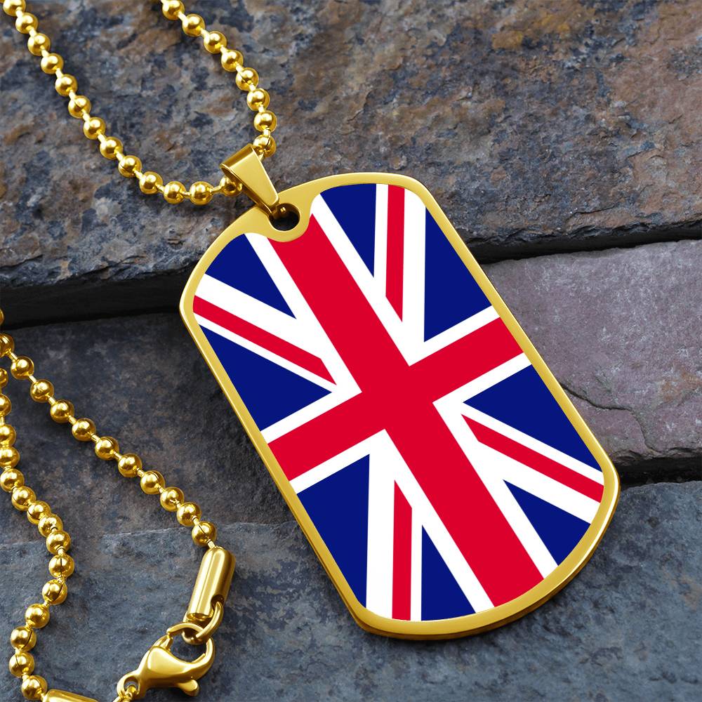 UK Flag Necklace Dog Tag Stainless Steel or 18k Gold 24" Chain-Express Your Love Gifts