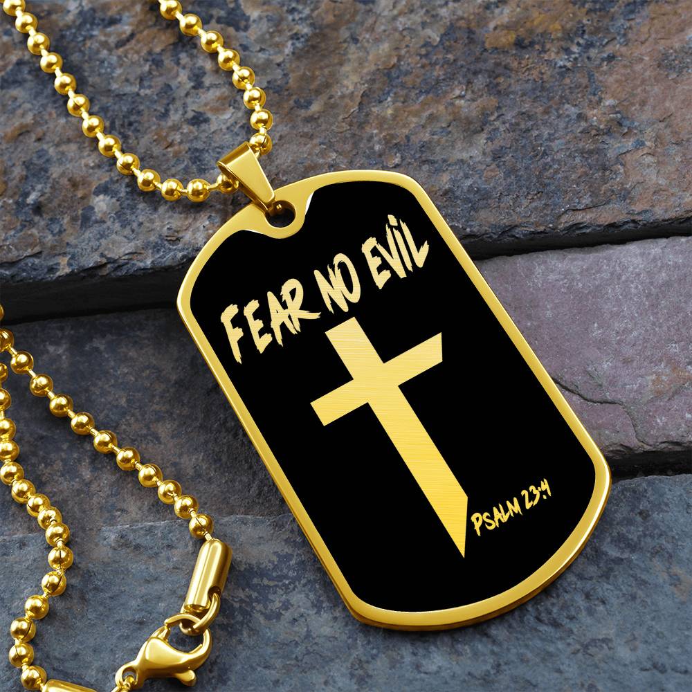 Fear No Evil Psalm 23.4 Necklace Dog Tag Stainless Steel or 18k Gold w 24" Chain-Express Your Love Gifts
