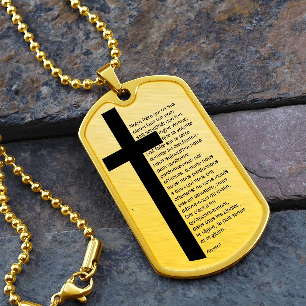 Lord's Prayer French Notre Père Necklace Dog Tag Stainless Steel or 18k Gold w 24" Chain-Express Your Love Gifts