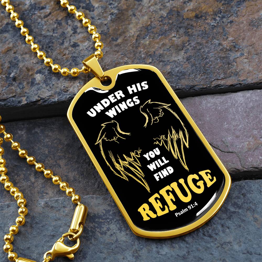 Psalm 91 Refuge Under His Wings Necklace Dog Tag Stainless Steel or 18k Gold w 24" Chain-Express Your Love Gifts