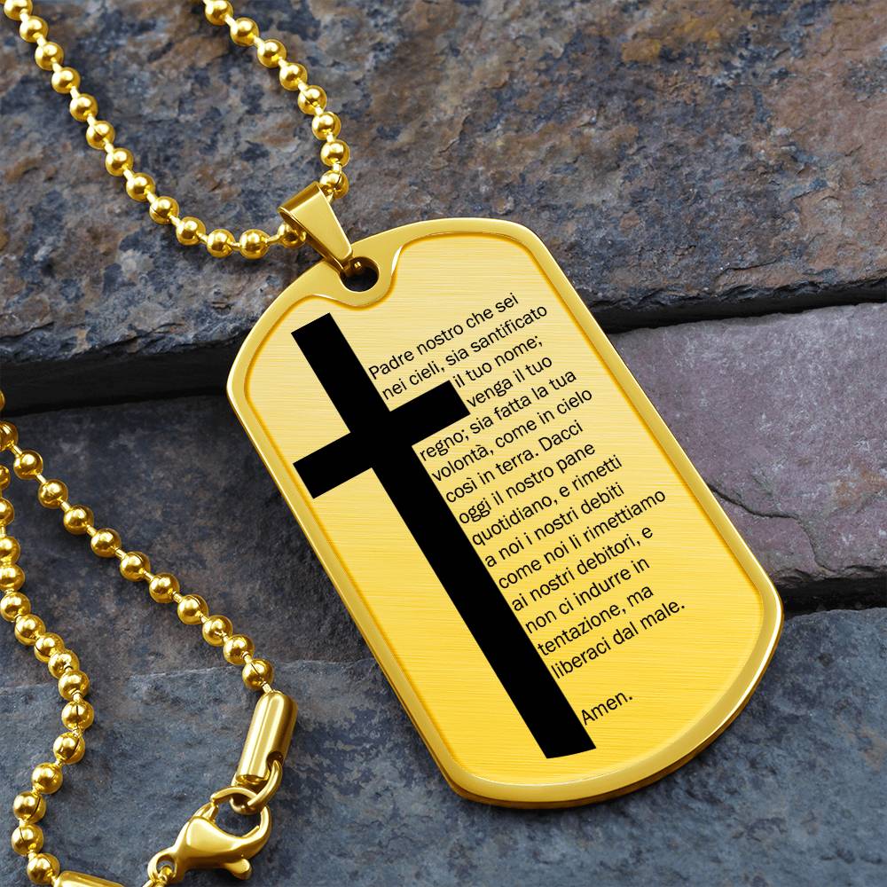 Lord's Prayer Italian Padre Nostro Necklace Dog Tag Stainless Steel or 18k Gold w 24" Chain-Express Your Love Gifts