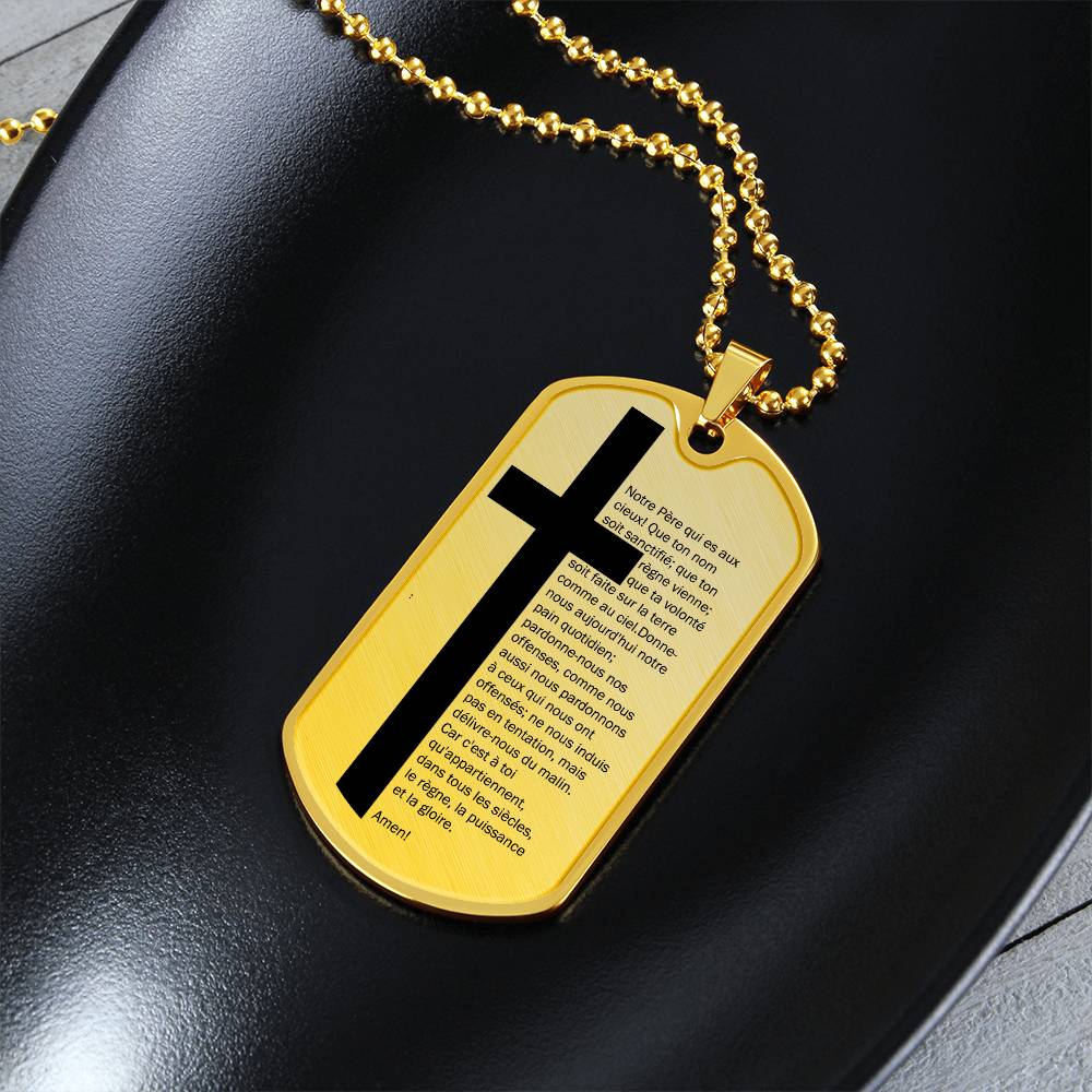 Lord's Prayer French Notre Père Necklace Dog Tag Stainless Steel or 18k Gold w 24" Chain-Express Your Love Gifts