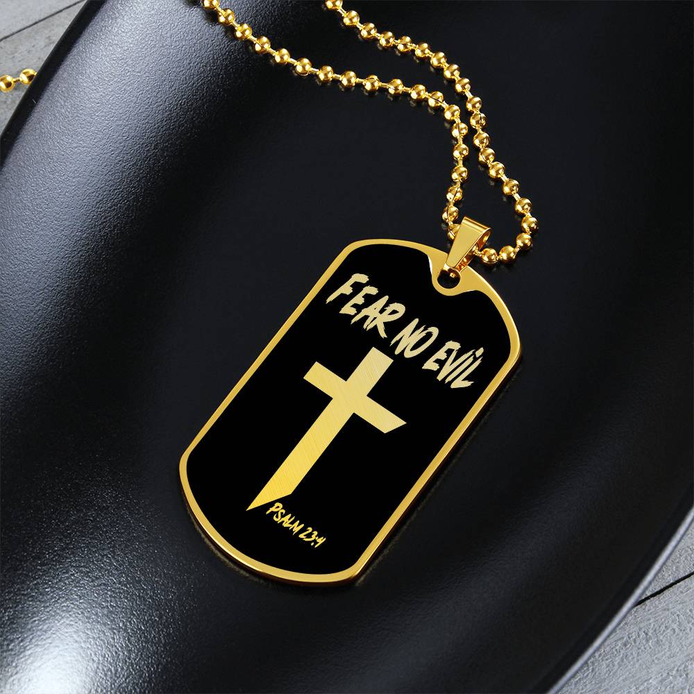 Fear No Evil Psalm 23.4 Necklace Dog Tag Stainless Steel or 18k Gold w 24" Chain-Express Your Love Gifts