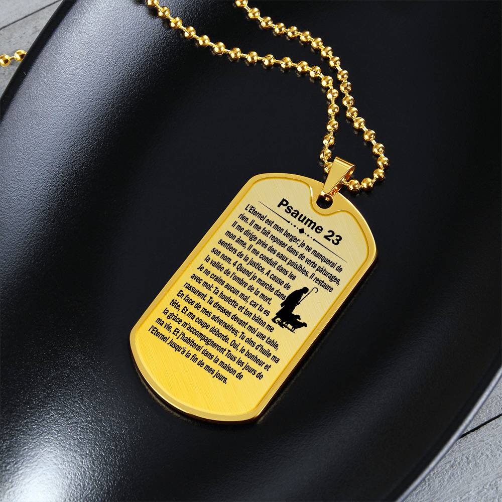 Psalm 23 French Psaume 23 Necklace Dog Tag Stainless Steel or 18k Gold w 24" Chain-Express Your Love Gifts