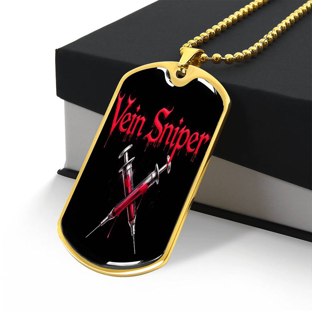 Vein Sniper Phlebotomist Necklace Stainless Steel or 18k Gold Dog Tag 24"-Express Your Love Gifts