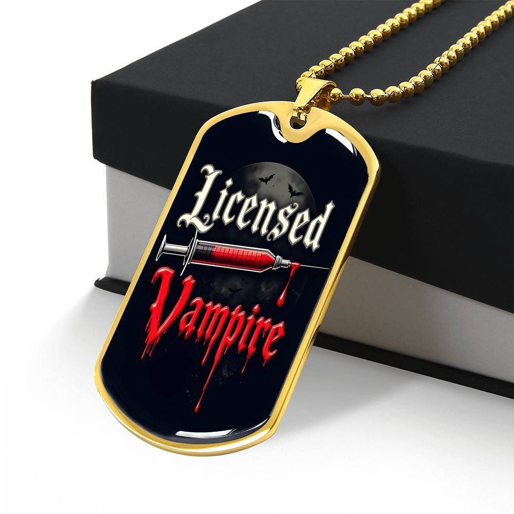 Licensed Vampire Phlebotomist Nurse Necklace Stainless Steel or 18k Gold Dog Tag 24"-Express Your Love Gifts
