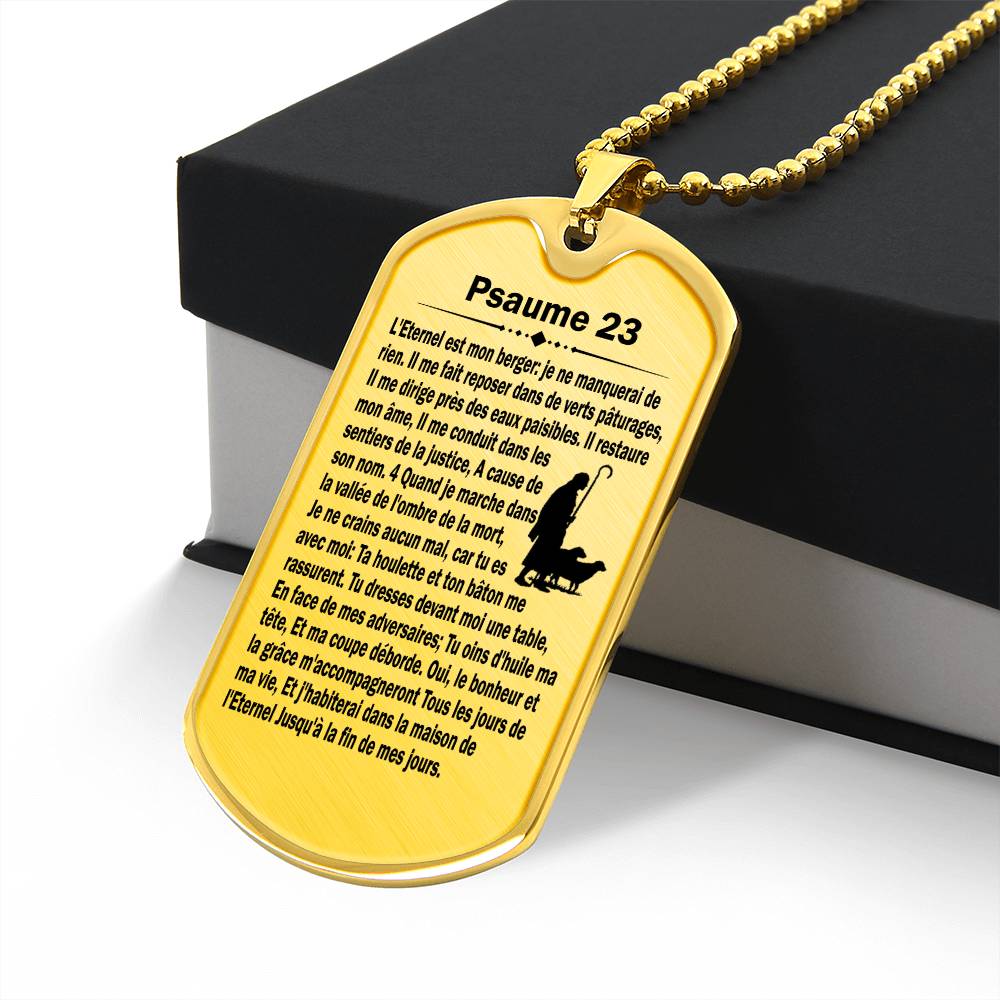 Psalm 23 French Psaume 23 Necklace Dog Tag Stainless Steel or 18k Gold w 24" Chain-Express Your Love Gifts