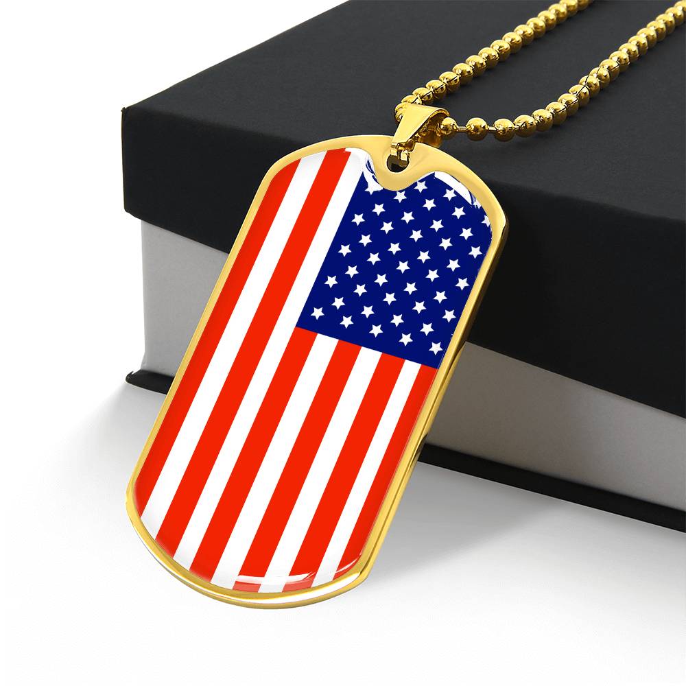 Country Pride Red, White and Blue Steel US Flag Stainless Steel Silver Tone or 18k Gold Military Dog Tag Necklace w 24" Ball Chain-Express Your Love Gifts