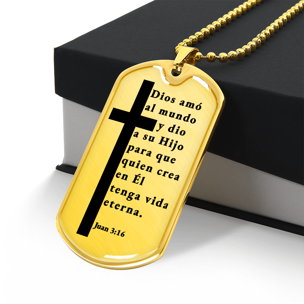 Juan 3:16 Spanish Necklace Stainless Steel or 18k Gold Dog Tag W 24"-Express Your Love Gifts